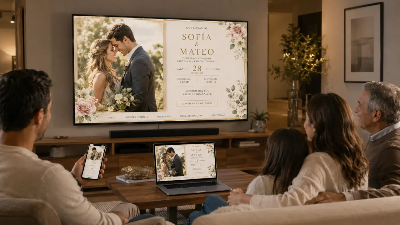 Invitación digital de boda adaptada para teléfono computadora y Smart TV