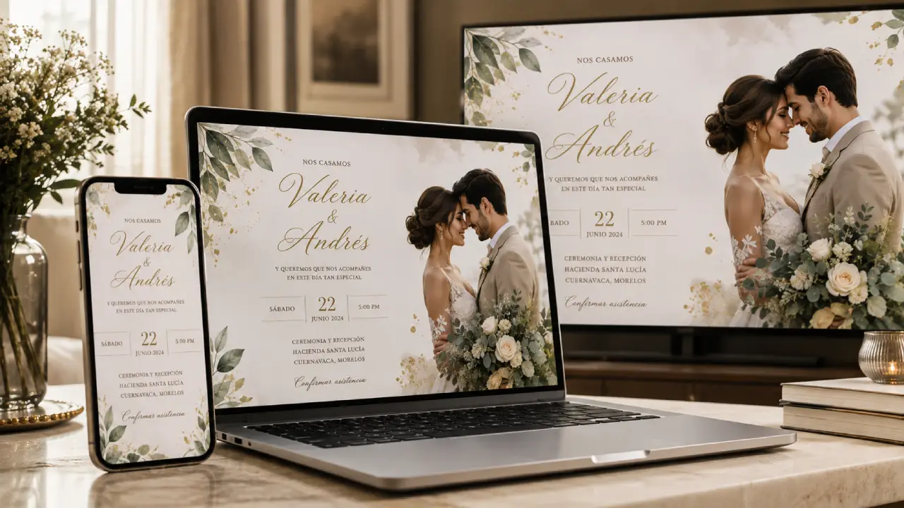 Invitación digital de boda visualizada en celular, computadora y Smart TV